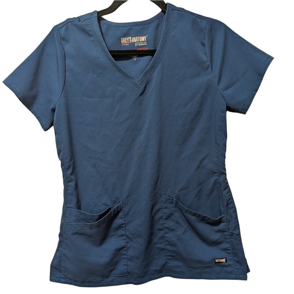 Grey's Anatomy Scrub Top Womens Small Blue‎ Spandex Stretch V-Neck Pockets